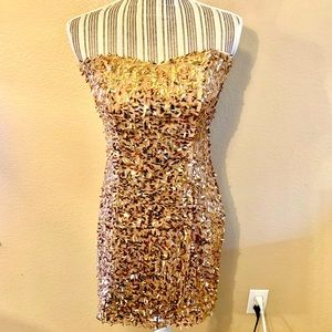 Wet Seal Bling Dress Small Strapless MiniDress Tan Gold Confetti Sequins Sparkly